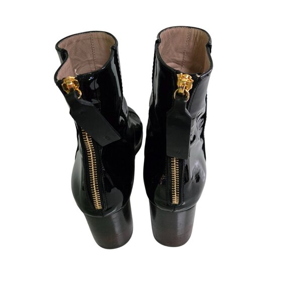 Stuart Weitzman Black Patent Leather Cap Toe Back Zip Heeled Boots Size 8M - Picture 6 of 9